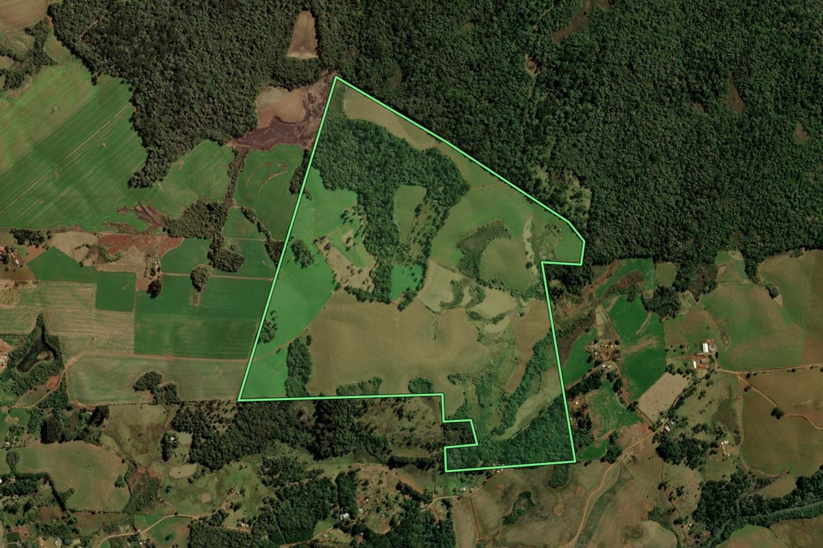 Imagem de satélite do imóvel rural em Turvo (PR), com o contorno declarado no CAR desenhado por cima.