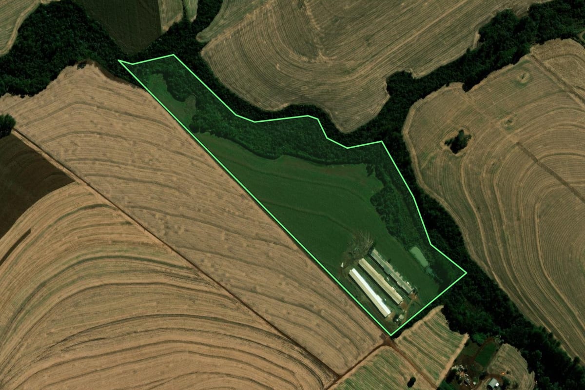 Imagem de satélite do imóvel rural em Ubiratã (PR), com o contorno declarado no CAR desenhado por cima.