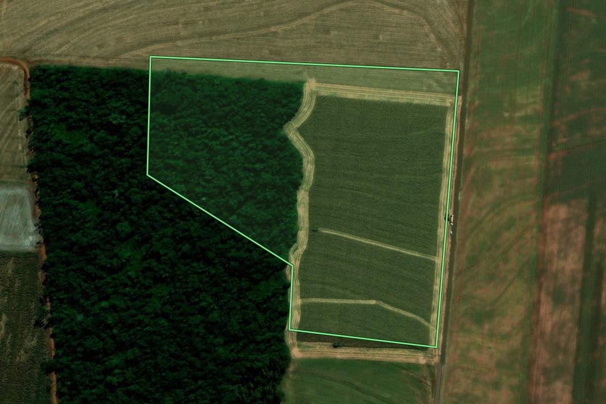 Imagem de satélite do imóvel rural em Ubiratã (PR), com o contorno declarado no CAR desenhado por cima.