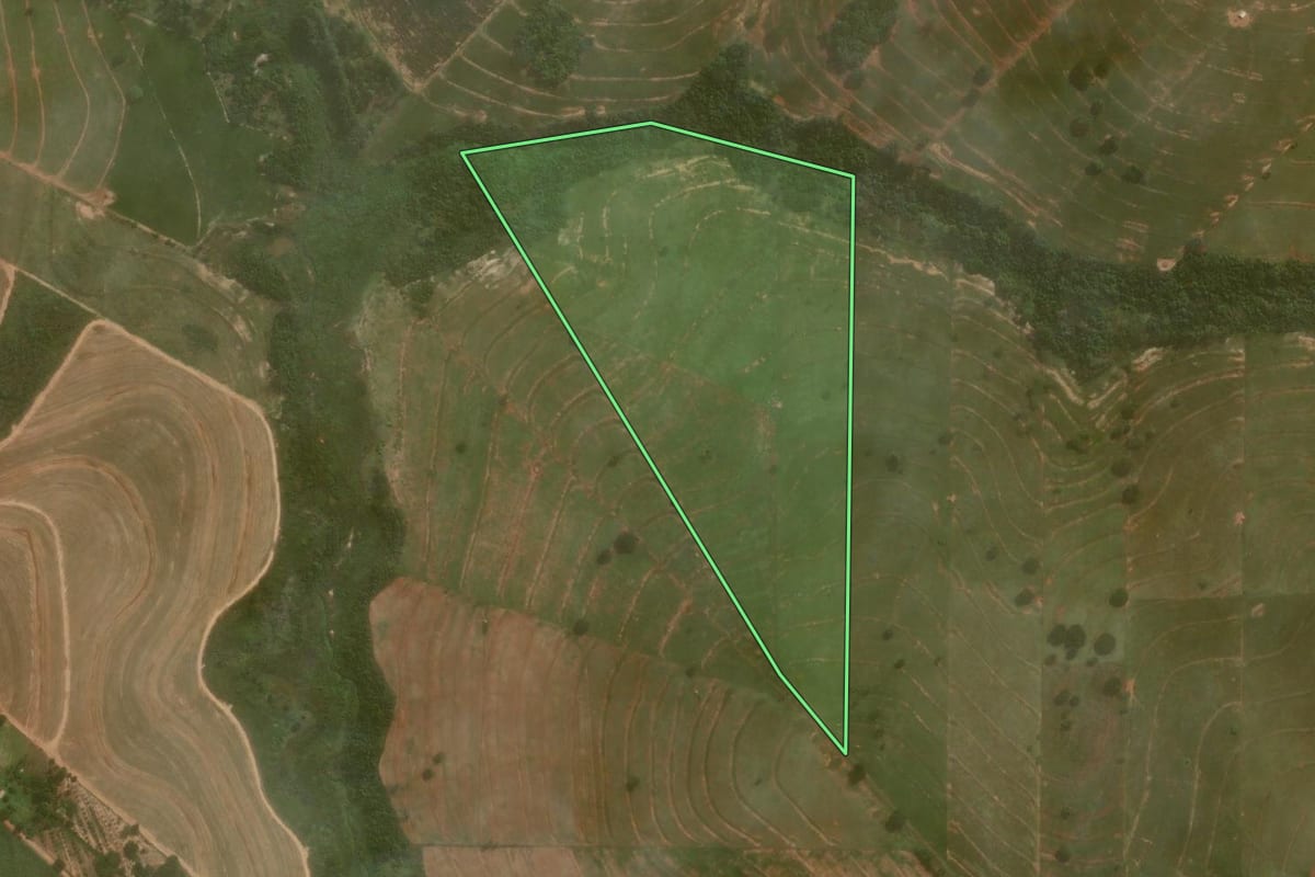 Imagem de satélite do imóvel rural em Umuarama (PR), com o contorno declarado no CAR desenhado por cima.