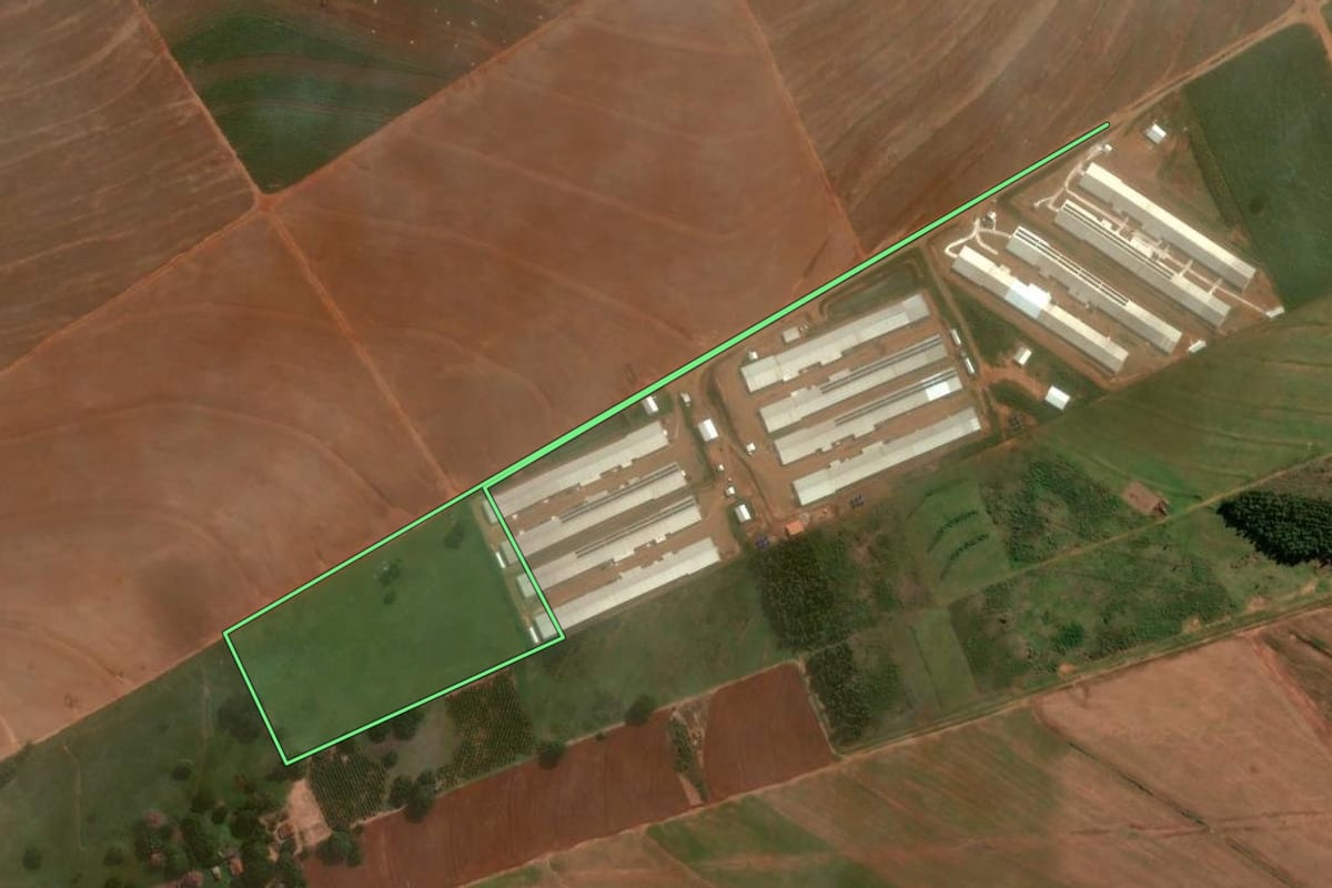 Imagem de satélite do imóvel rural em Umuarama (PR), com o contorno declarado no CAR desenhado por cima.