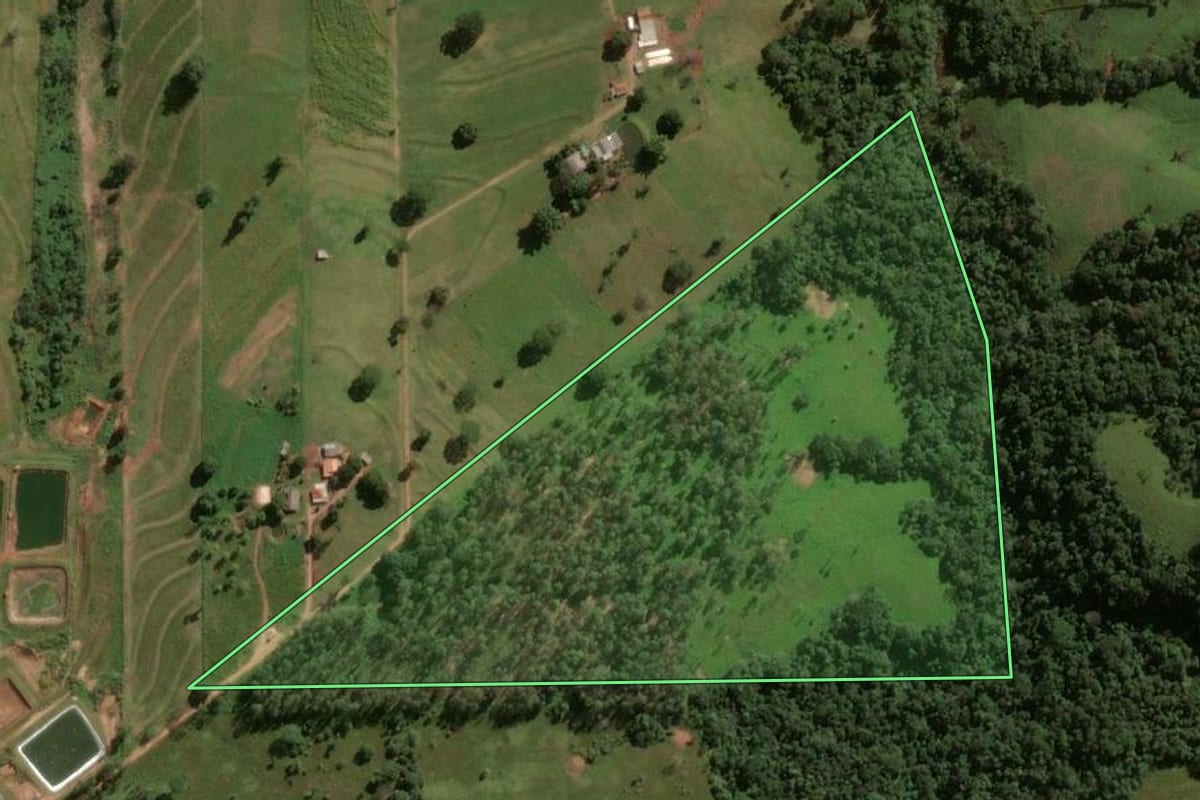 Imagem de satélite do imóvel rural em Umuarama (PR), com o contorno declarado no CAR desenhado por cima.