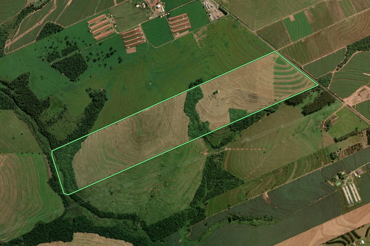Imagem de satélite do imóvel rural em Umuarama (PR), com o contorno declarado no CAR desenhado por cima.