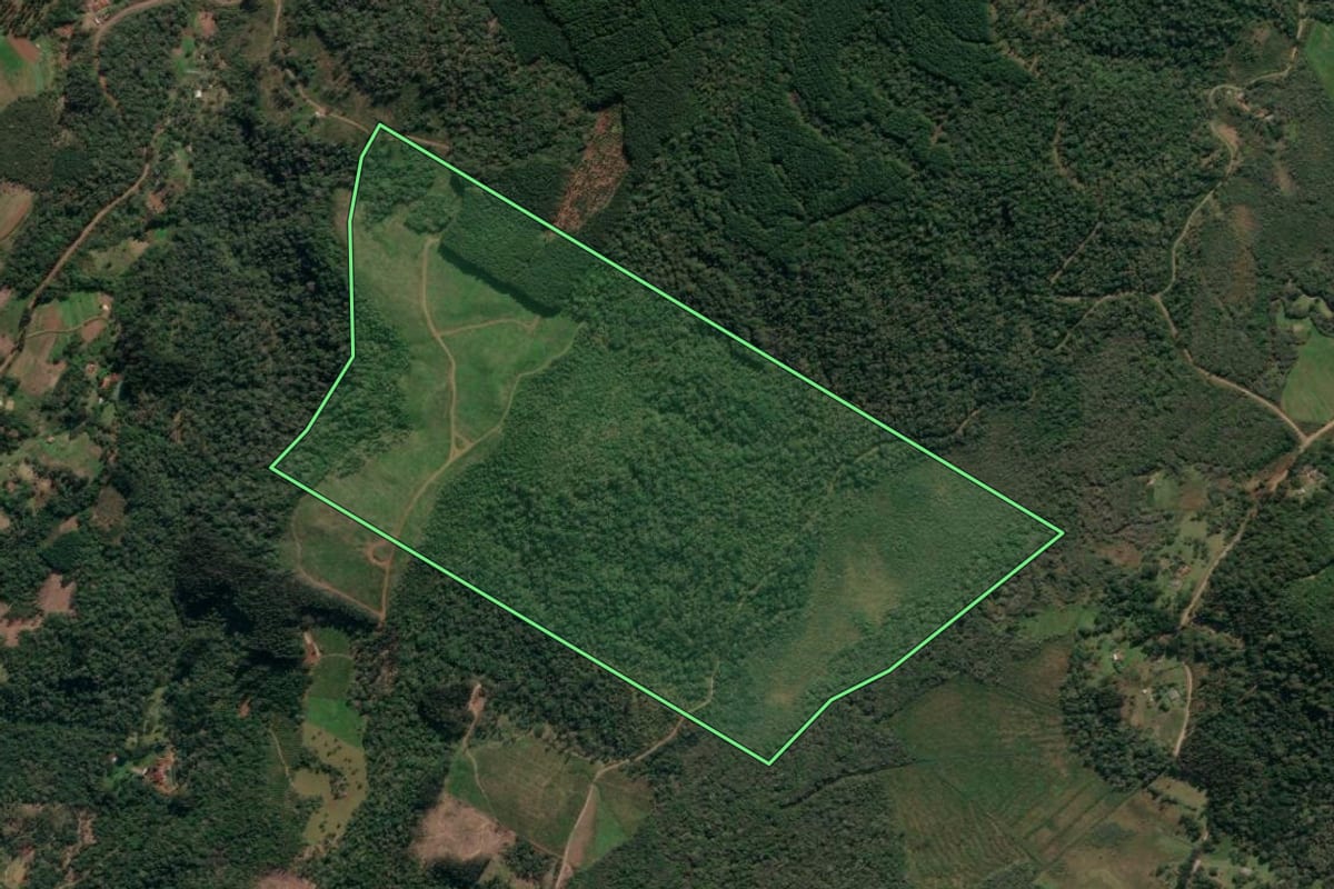 Imagem de satélite do imóvel rural em União da Vitória (PR), com o contorno declarado no CAR desenhado por cima.