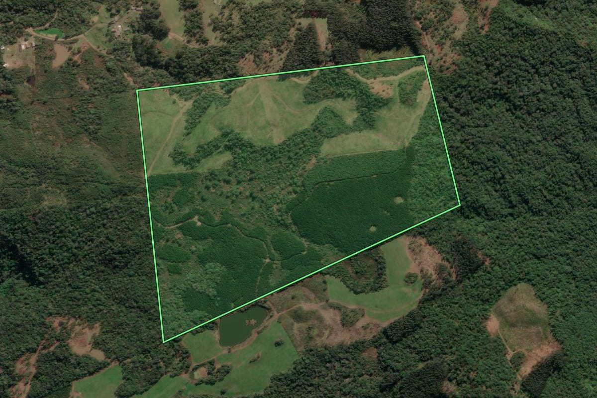 Imagem de satélite do imóvel rural em União da Vitória (PR), com o contorno declarado no CAR desenhado por cima.