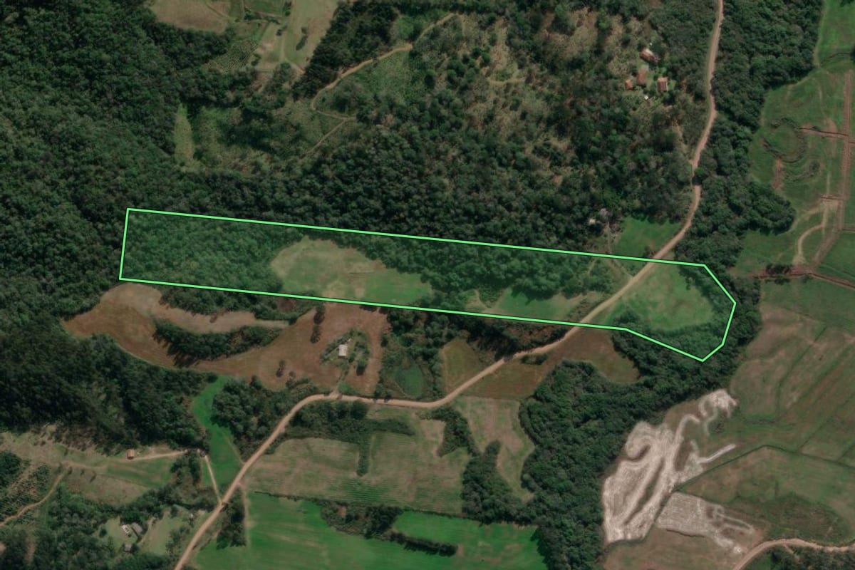 Imagem de satélite do imóvel rural em União da Vitória (PR), com o contorno declarado no CAR desenhado por cima.