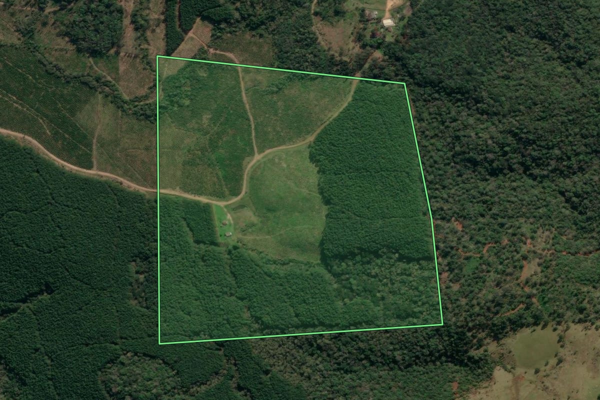 Imagem de satélite do imóvel rural em União da Vitória (PR), com o contorno declarado no CAR desenhado por cima.