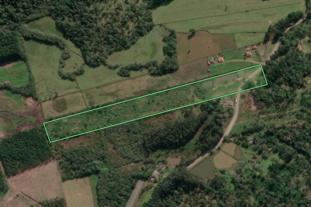Imagem de satélite do imóvel rural em União da Vitória (PR), com o contorno declarado no CAR desenhado por cima.