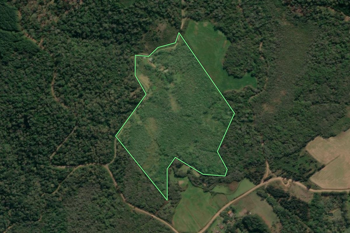 Imagem de satélite do imóvel rural em União da Vitória (PR), com o contorno declarado no CAR desenhado por cima.