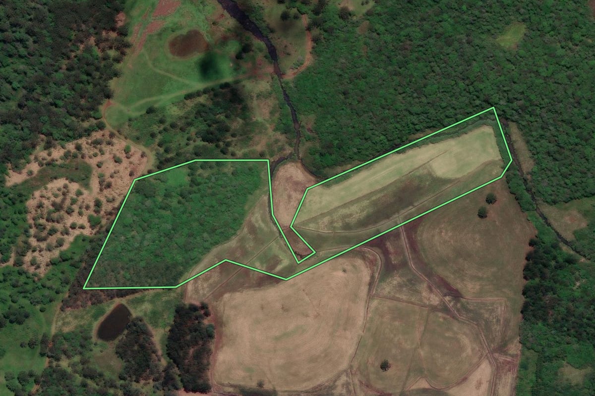 Imagem de satélite do imóvel rural em União da Vitória (PR), com o contorno declarado no CAR desenhado por cima.