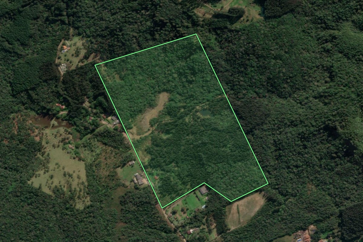 Imagem de satélite do imóvel rural em União da Vitória (PR), com o contorno declarado no CAR desenhado por cima.