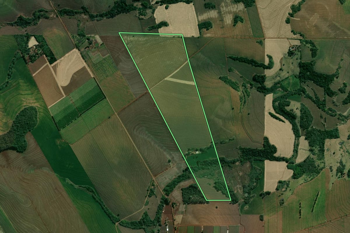 Imagem de satélite do imóvel rural em Uraí (PR), com o contorno declarado no CAR desenhado por cima.