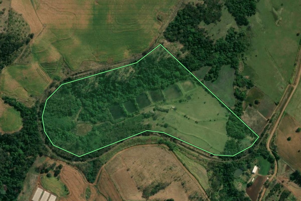 Imagem de satélite do imóvel rural em Uraí (PR), com o contorno declarado no CAR desenhado por cima.