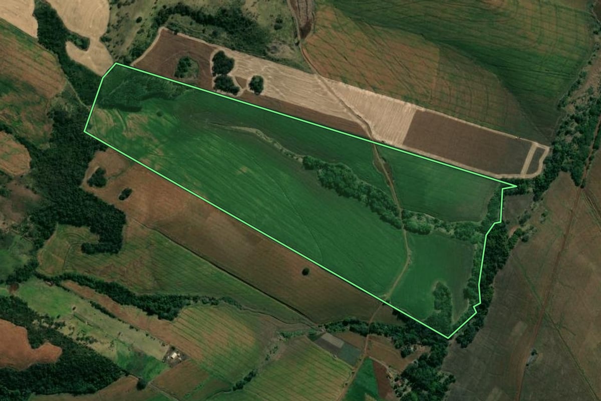 Imagem de satélite do imóvel rural em Uraí (PR), com o contorno declarado no CAR desenhado por cima.