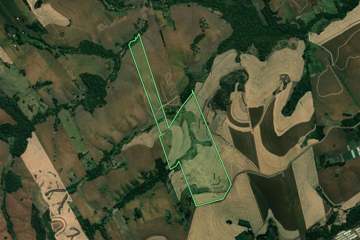 Imagem de satélite do imóvel rural em Uraí (PR), com o contorno declarado no CAR desenhado por cima.