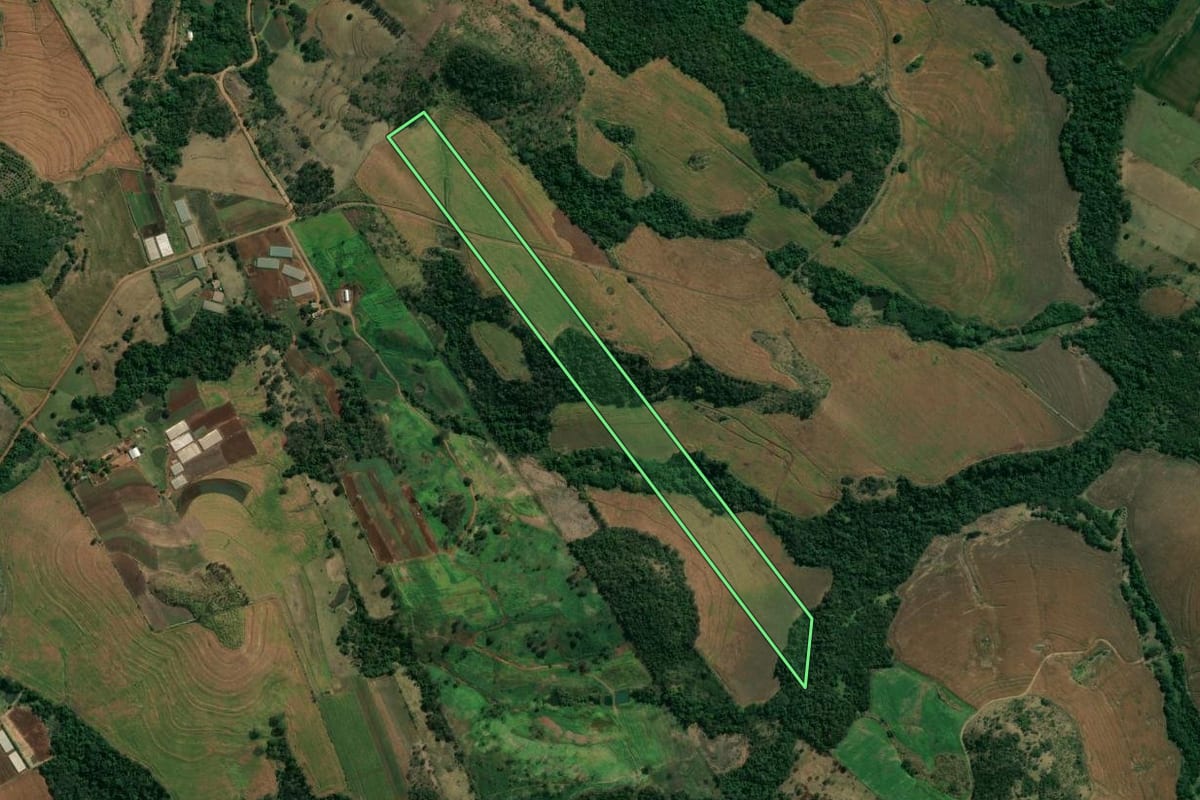 Imagem de satélite do imóvel rural em Uraí (PR), com o contorno declarado no CAR desenhado por cima.