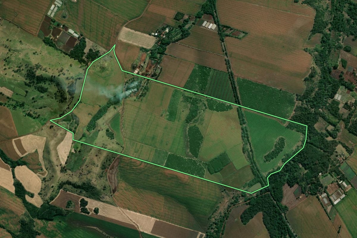 Imagem de satélite do imóvel rural em Uraí (PR), com o contorno declarado no CAR desenhado por cima.