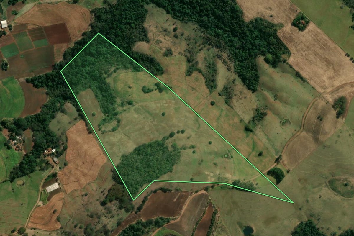 Imagem de satélite do imóvel rural em Uraí (PR), com o contorno declarado no CAR desenhado por cima.