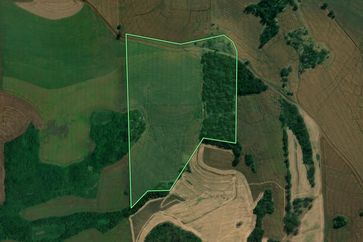 Imagem de satélite do imóvel rural em Uraí (PR), com o contorno declarado no CAR desenhado por cima.