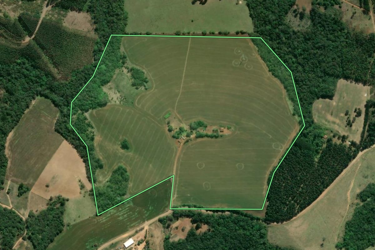 Imagem de satélite do imóvel rural em Ventania (PR), com o contorno declarado no CAR desenhado por cima.