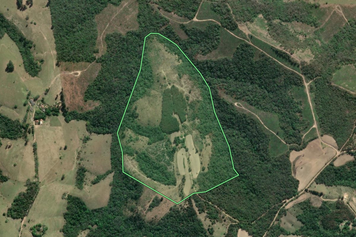 Imagem de satélite do imóvel rural em Ventania (PR), com o contorno declarado no CAR desenhado por cima.