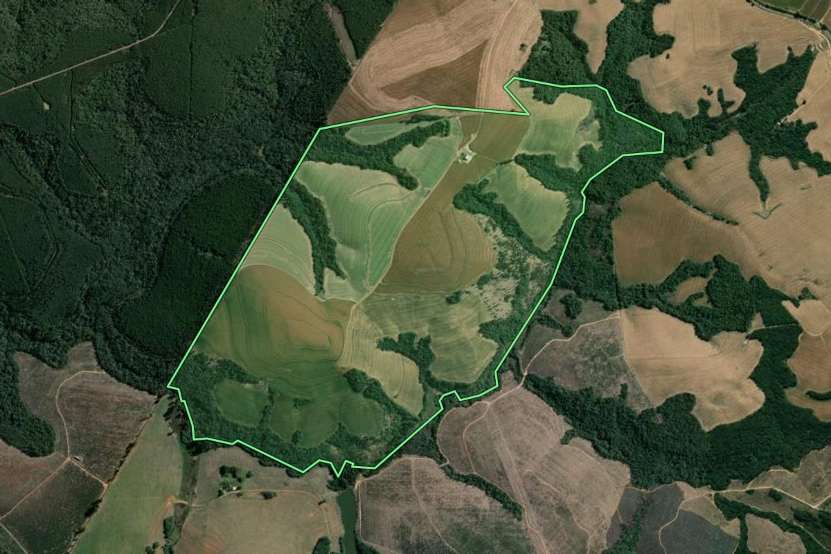 Imagem de satélite do imóvel rural em Ventania (PR), com o contorno declarado no CAR desenhado por cima.