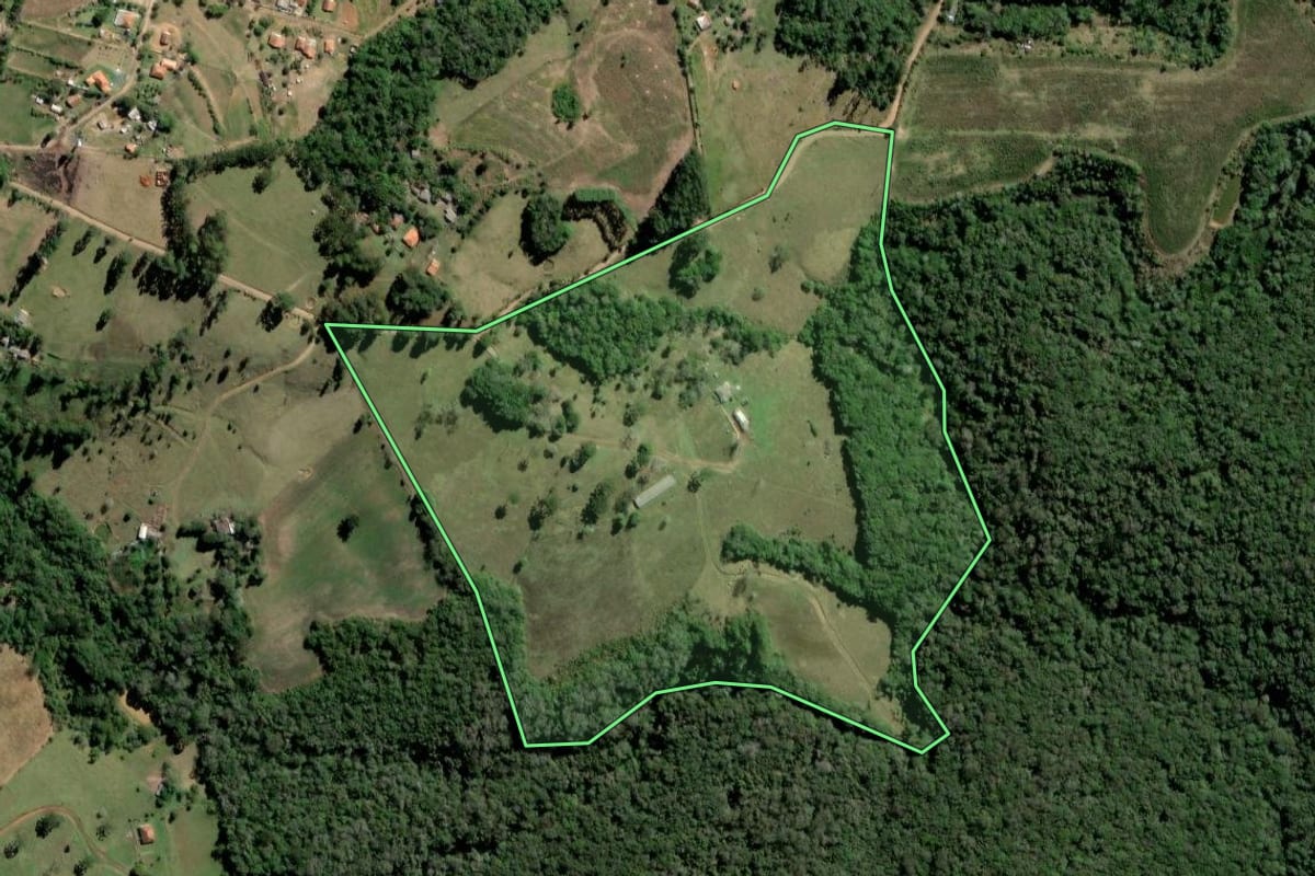 Imagem de satélite do imóvel rural em Ventania (PR), com o contorno declarado no CAR desenhado por cima.