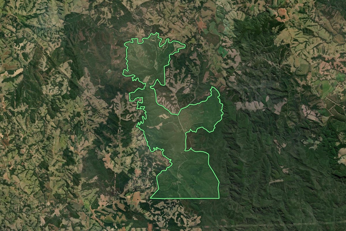 Imagem de satélite do imóvel rural em Ventania (PR), com o contorno declarado no CAR desenhado por cima.