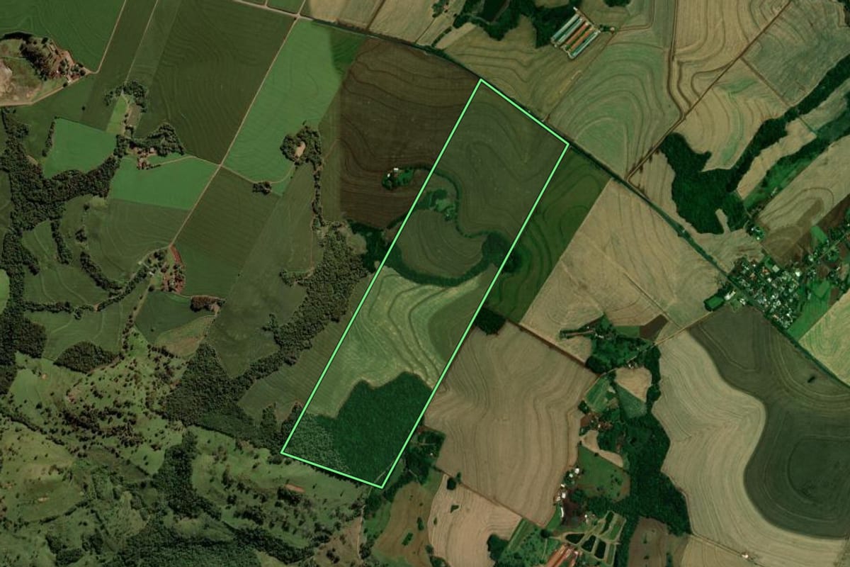 Imagem de satélite do imóvel rural em Vera Cruz do Oeste (PR), com o contorno declarado no CAR desenhado por cima.