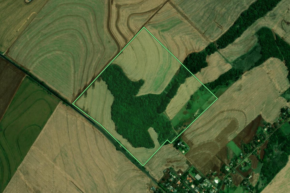 Imagem de satélite do imóvel rural em Vera Cruz do Oeste (PR), com o contorno declarado no CAR desenhado por cima.