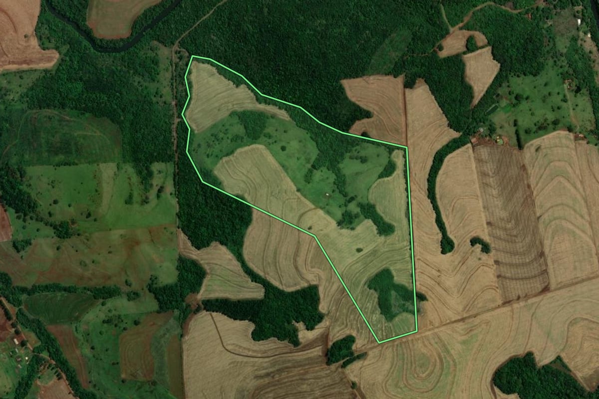 Imagem de satélite do imóvel rural em Vera Cruz do Oeste (PR), com o contorno declarado no CAR desenhado por cima.