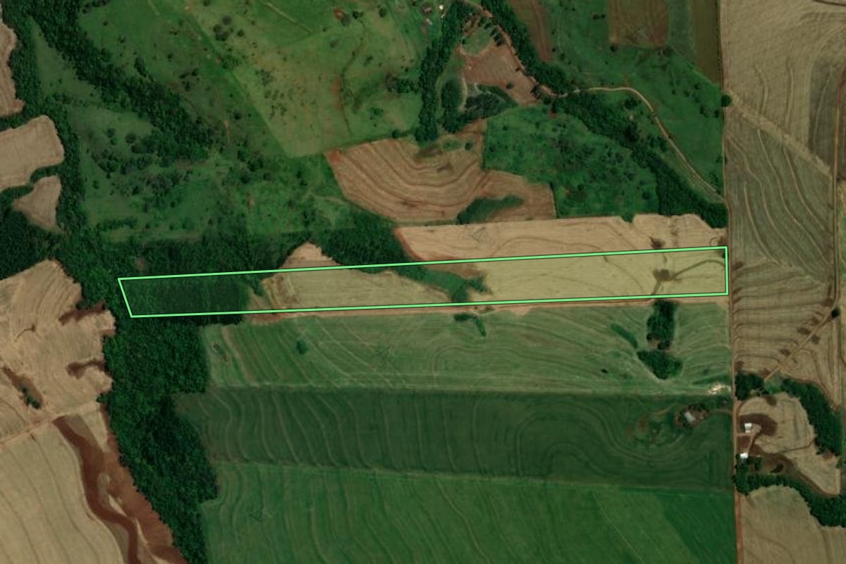 Imagem de satélite do imóvel rural em Vera Cruz do Oeste (PR), com o contorno declarado no CAR desenhado por cima.