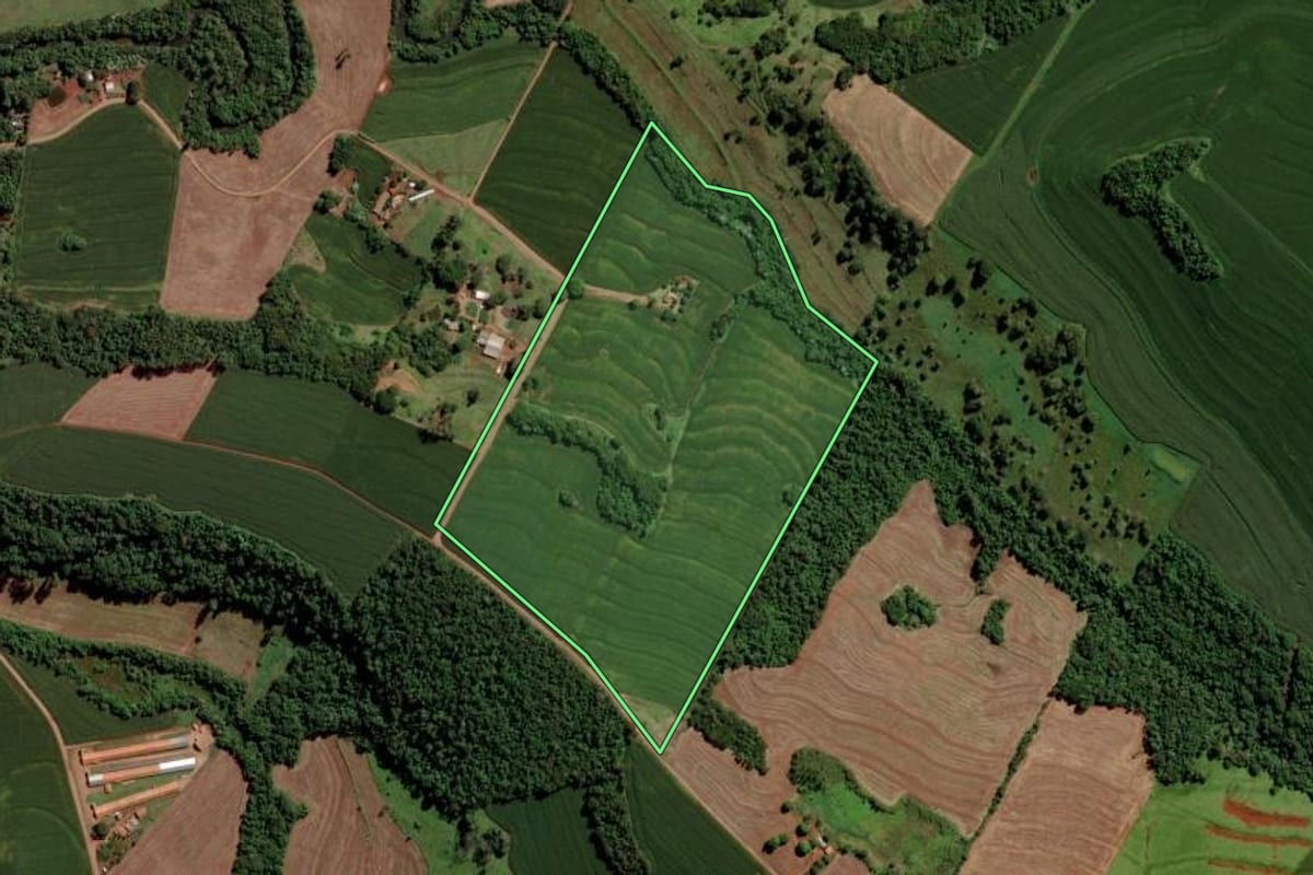 Imagem de satélite do imóvel rural em Vera Cruz do Oeste (PR), com o contorno declarado no CAR desenhado por cima.