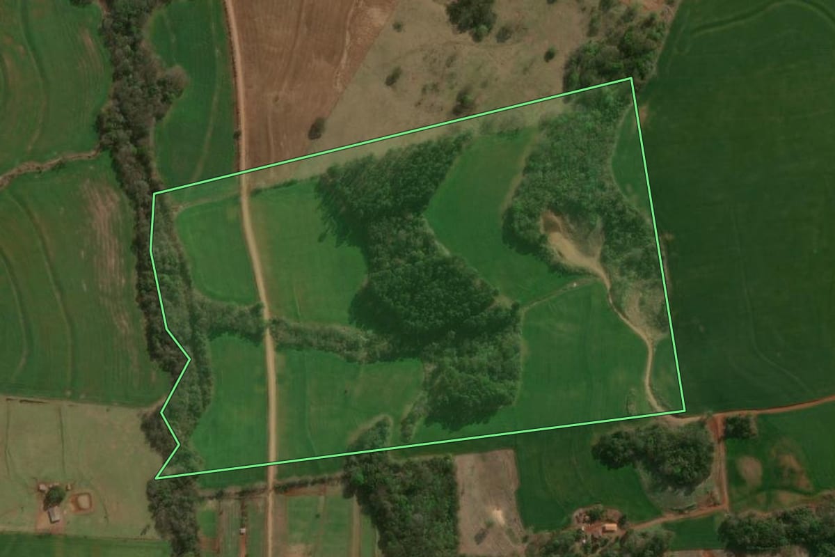 Imagem de satélite do imóvel rural em Vera Cruz do Oeste (PR), com o contorno declarado no CAR desenhado por cima.