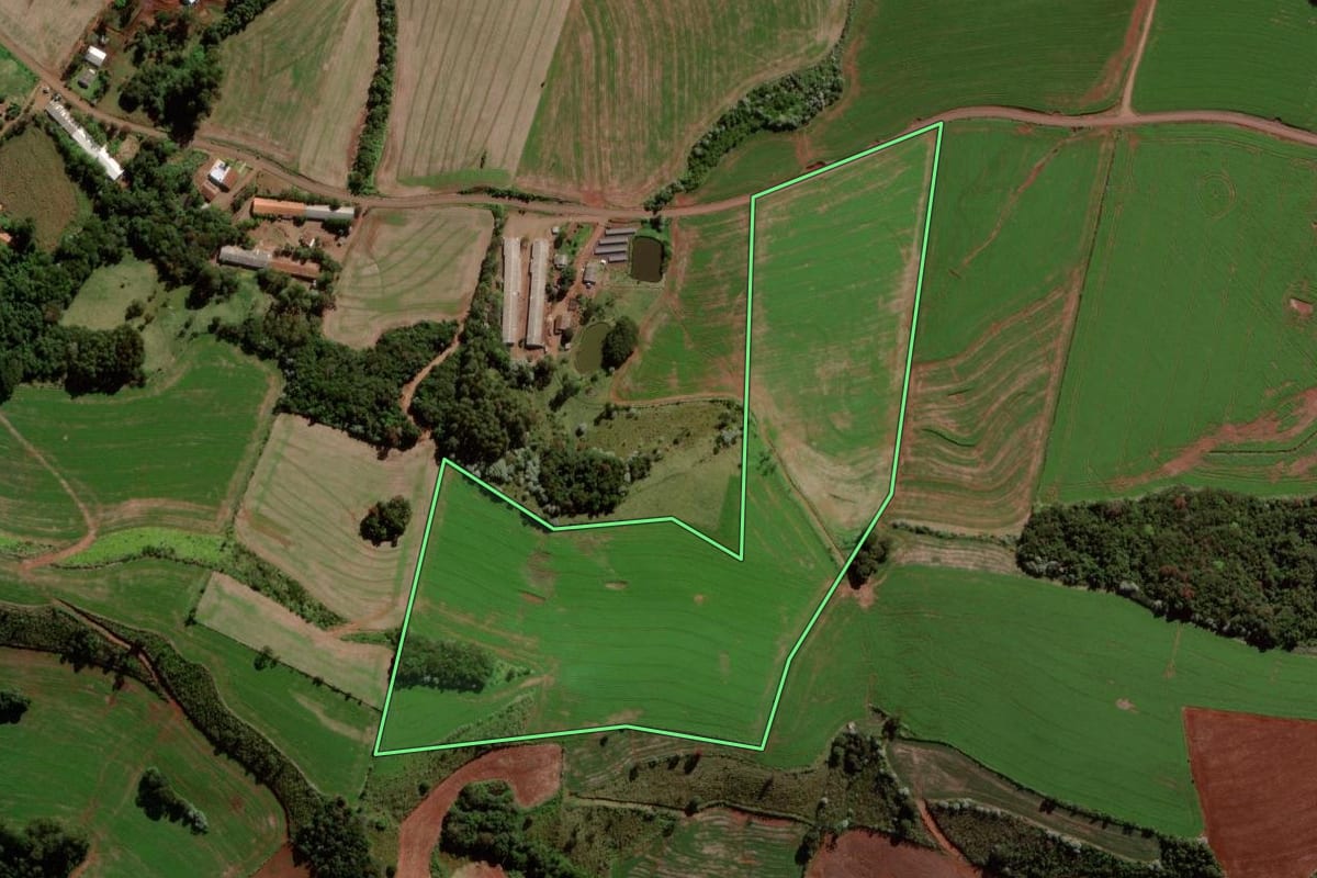 Imagem de satélite do imóvel rural em Verê (PR), com o contorno declarado no CAR desenhado por cima.