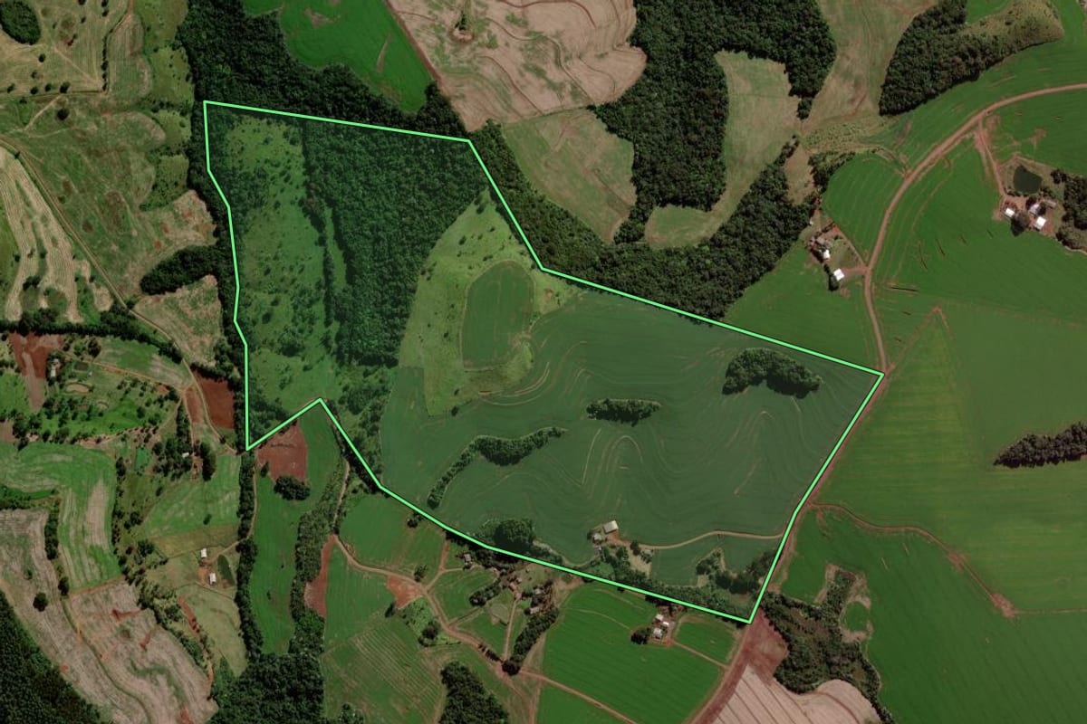 Imagem de satélite do imóvel rural em Verê (PR), com o contorno declarado no CAR desenhado por cima.
