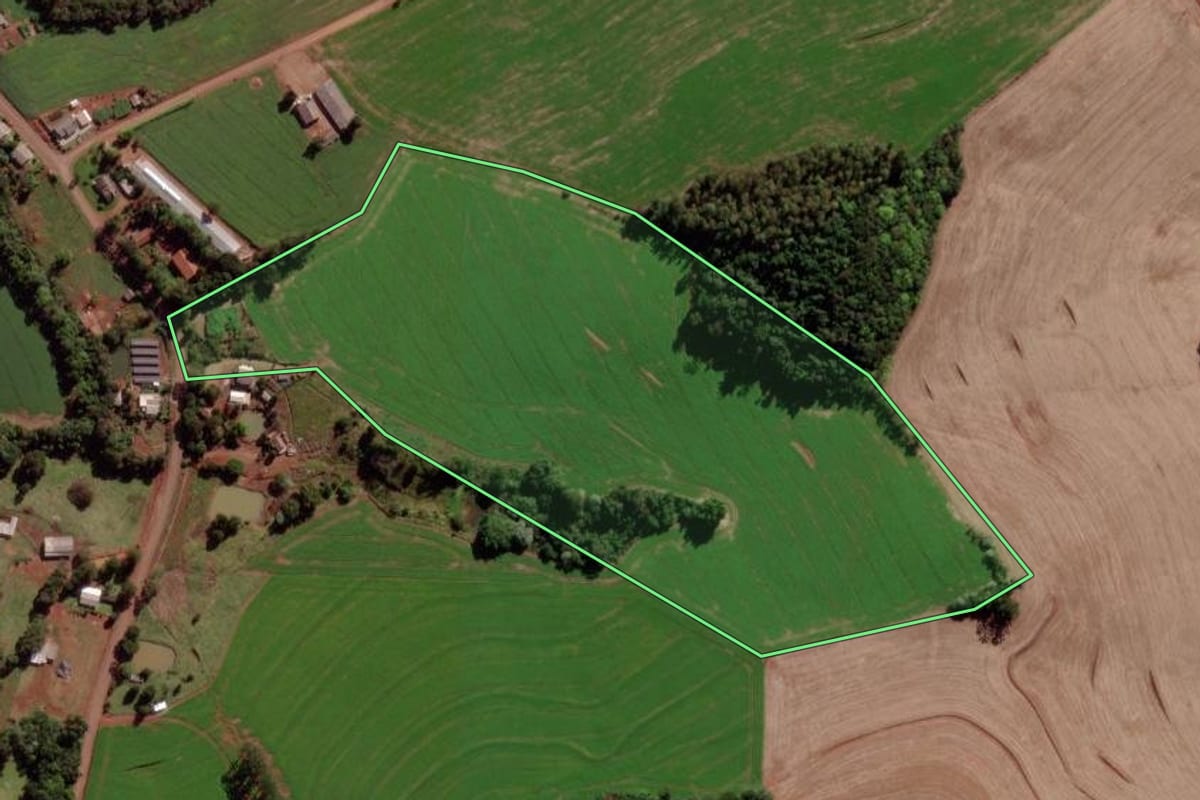 Imagem de satélite do imóvel rural em Verê (PR), com o contorno declarado no CAR desenhado por cima.