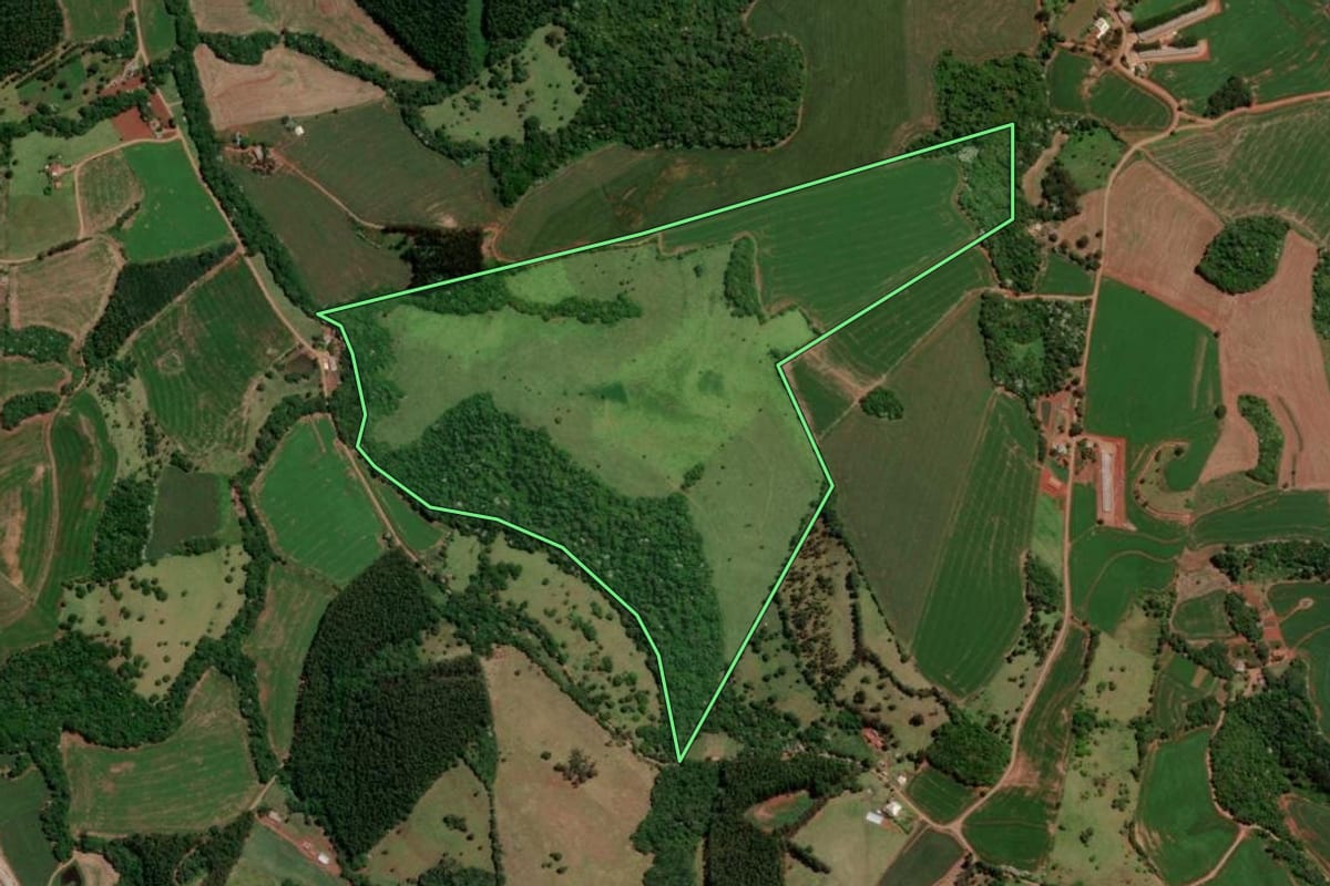 Imagem de satélite do imóvel rural em Verê (PR), com o contorno declarado no CAR desenhado por cima.