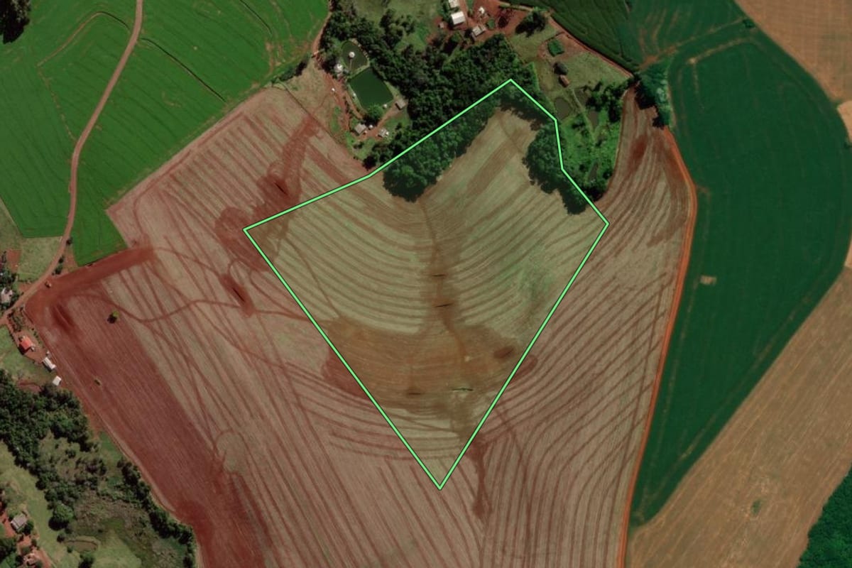 Imagem de satélite do imóvel rural em Verê (PR), com o contorno declarado no CAR desenhado por cima.