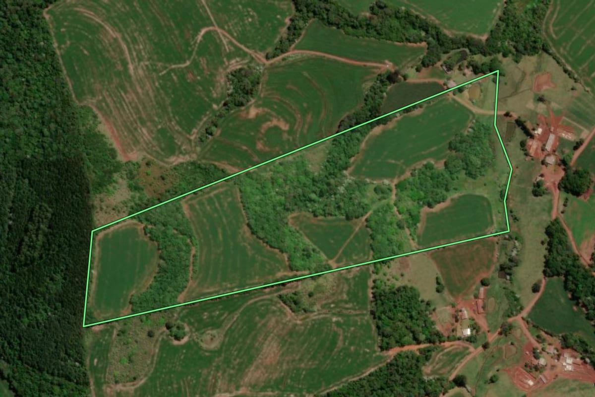 Imagem de satélite do imóvel rural em Verê (PR), com o contorno declarado no CAR desenhado por cima.