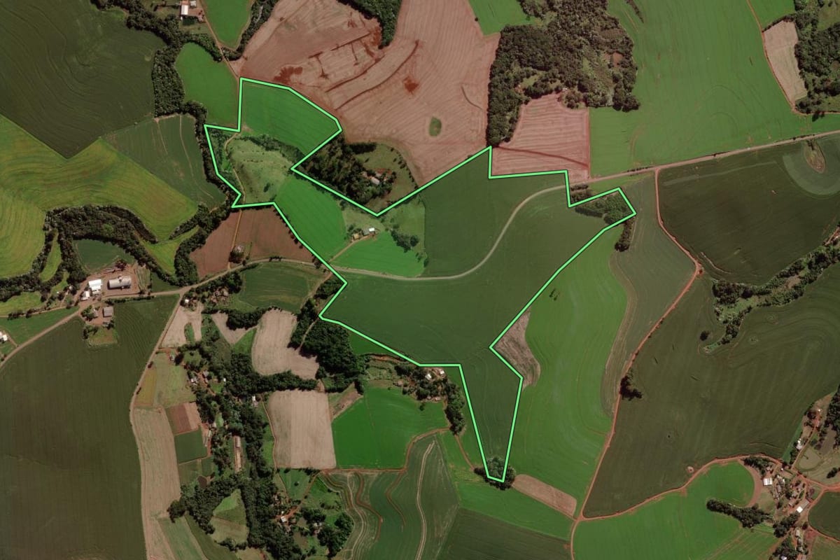 Imagem de satélite do imóvel rural em Verê (PR), com o contorno declarado no CAR desenhado por cima.