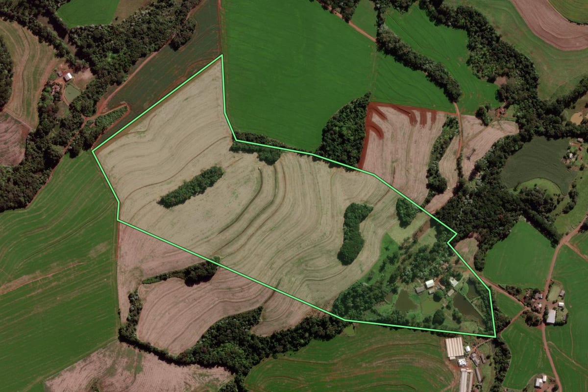 Imagem de satélite do imóvel rural em Verê (PR), com o contorno declarado no CAR desenhado por cima.