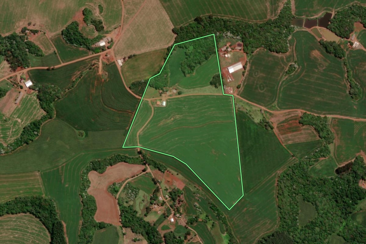 Imagem de satélite do imóvel rural em Verê (PR), com o contorno declarado no CAR desenhado por cima.