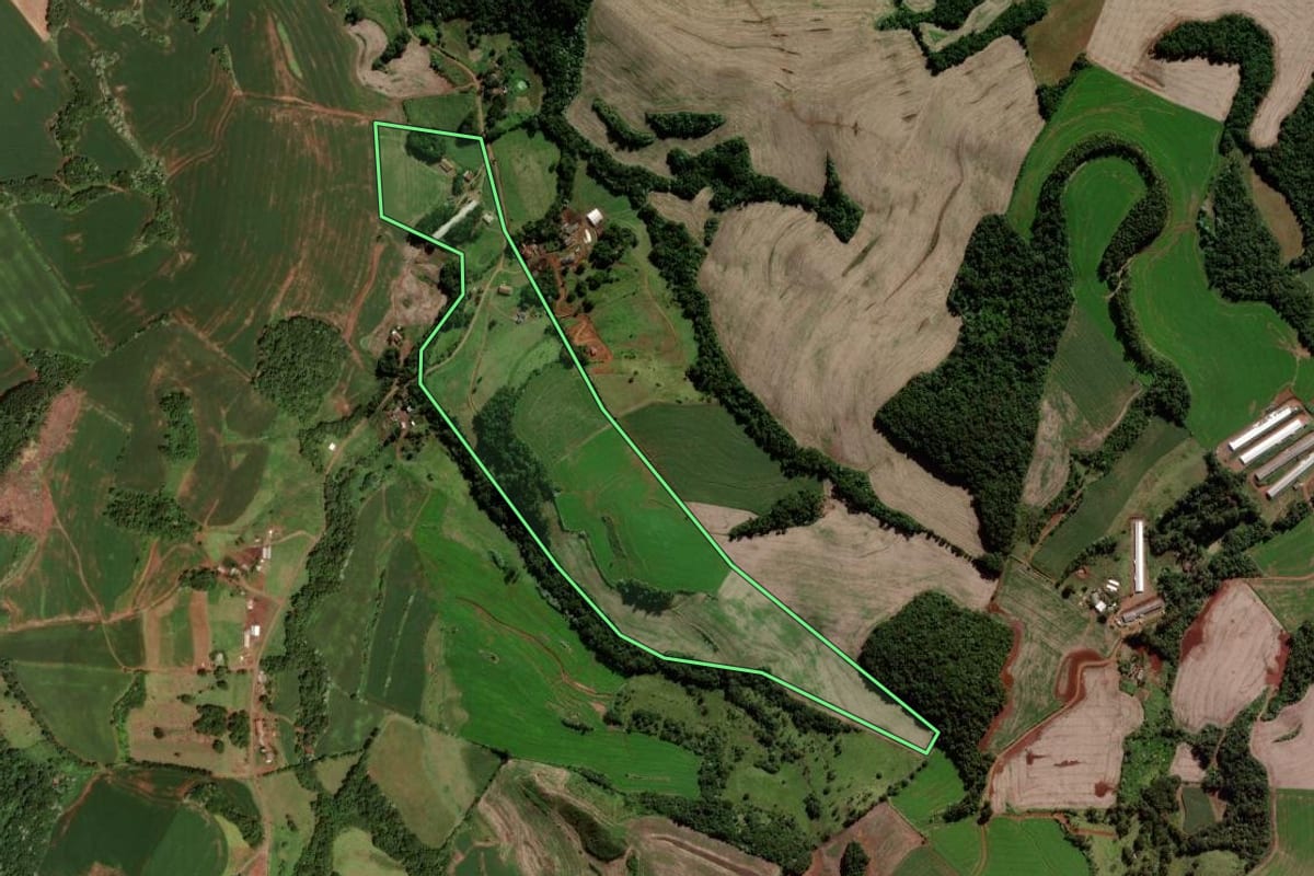 Imagem de satélite do imóvel rural em Verê (PR), com o contorno declarado no CAR desenhado por cima.