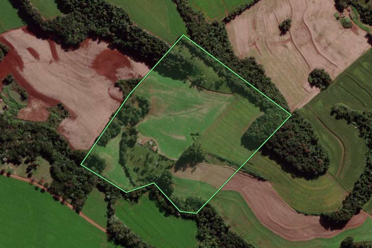 Imagem de satélite do imóvel rural em Verê (PR), com o contorno declarado no CAR desenhado por cima.