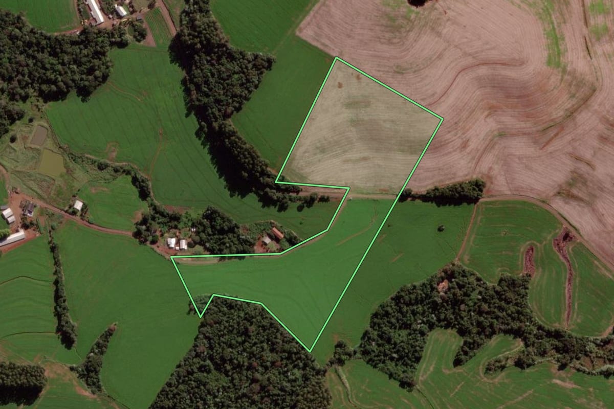 Imagem de satélite do imóvel rural em Verê (PR), com o contorno declarado no CAR desenhado por cima.