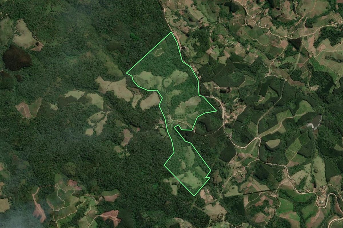 Imagem de satélite do imóvel rural em Doutor Ulysses (PR), com o contorno declarado no CAR desenhado por cima.