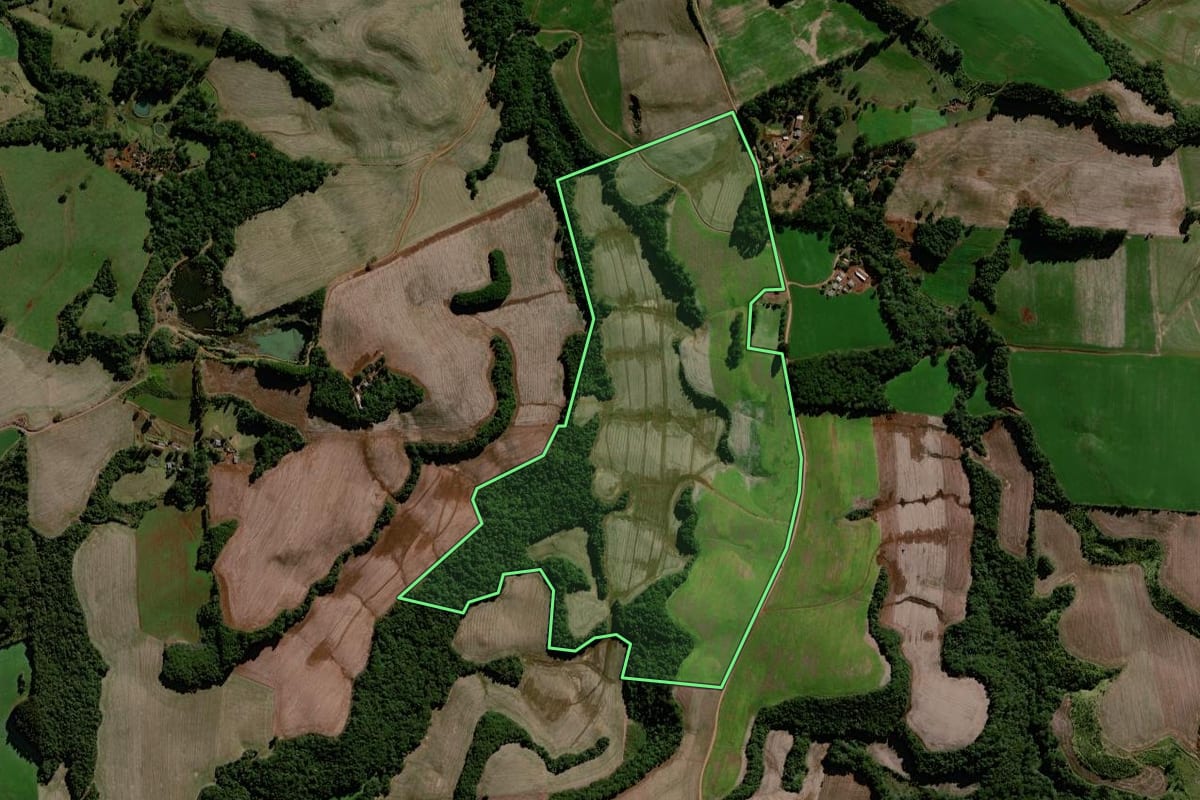 Imagem de satélite do imóvel rural em Virmond (PR), com o contorno declarado no CAR desenhado por cima.