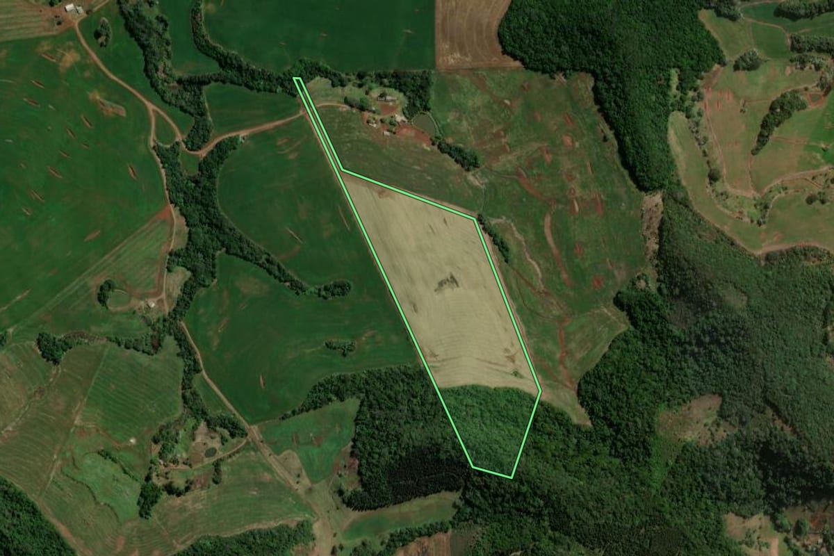 Imagem de satélite do imóvel rural em Vitorino (PR), com o contorno declarado no CAR desenhado por cima.