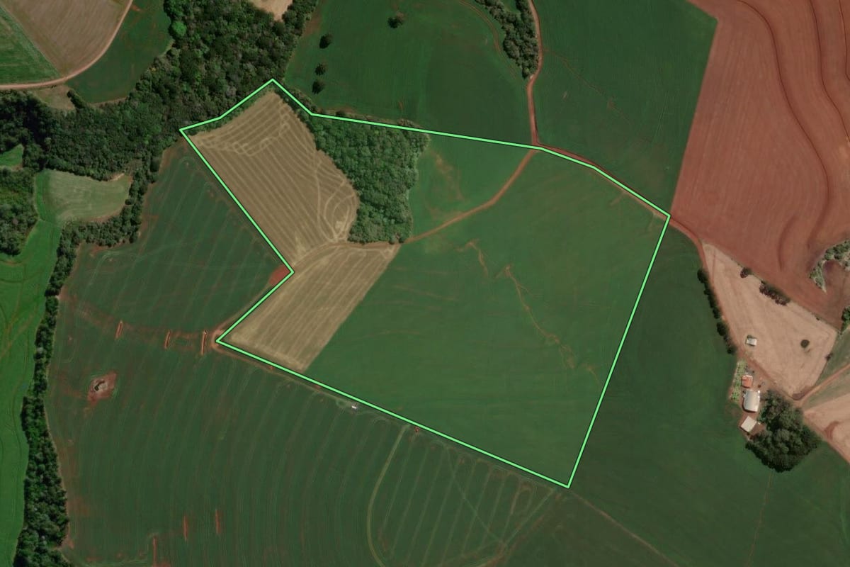 Imagem de satélite do imóvel rural em Vitorino (PR), com o contorno declarado no CAR desenhado por cima.